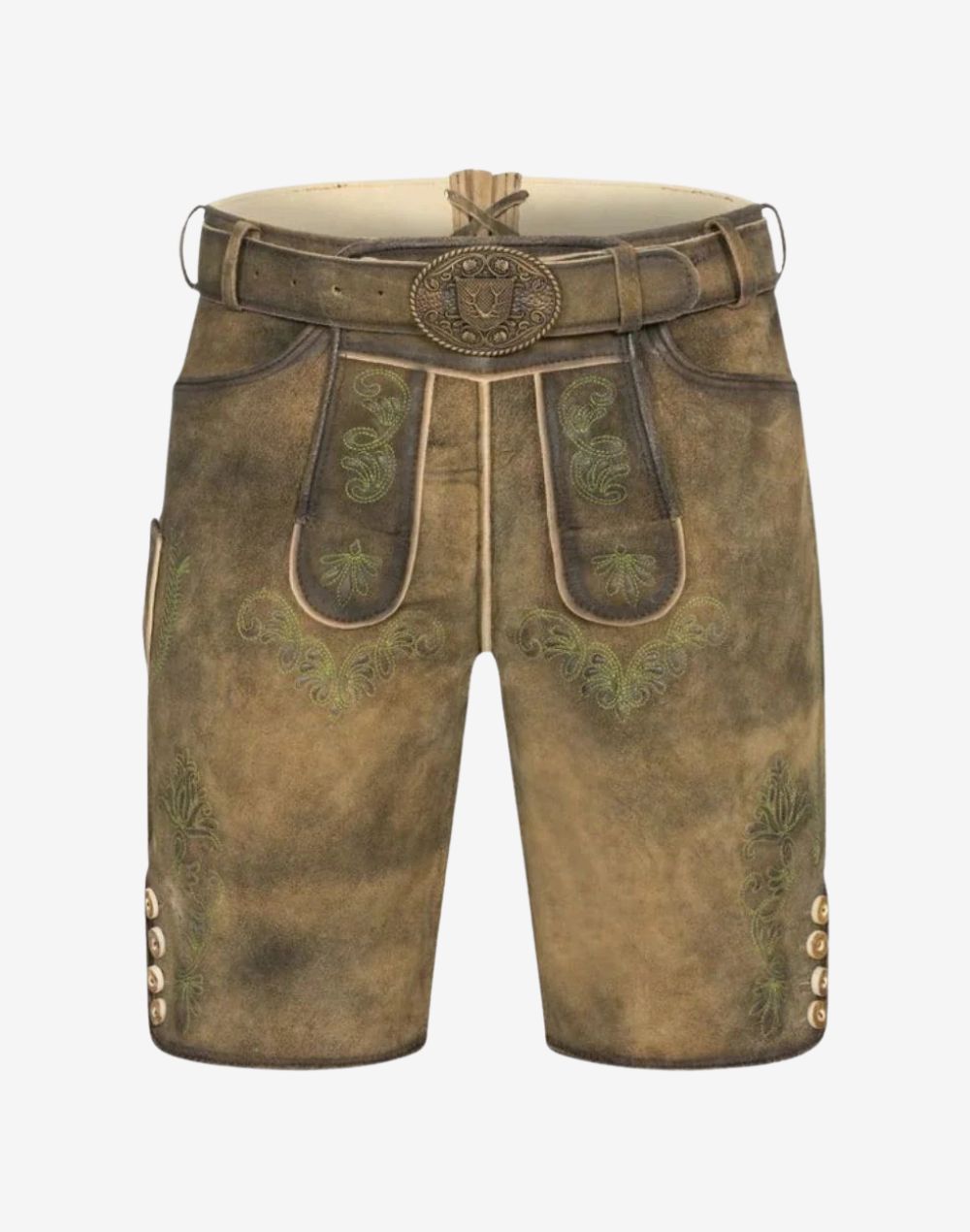 Alpine Charm Lederhosen for Men olive tan suede with green embroidery, traditional bib panels, ornate buckle belt, side pockets, and buttoned leg hems