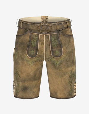 Alpine Charm Lederhosen for Men olive tan suede with green embroidery, traditional bib panels, ornate buckle belt, side pockets, and buttoned leg hems