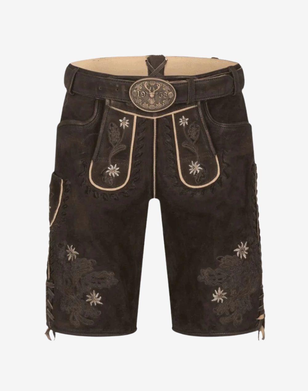 Alpine Flower Lederhosen for Men black suede leather shorts with floral embroidery, traditional front bib, and stag buckle belt