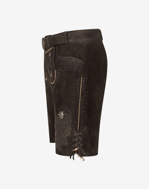 Alpine Flower Lederhosen for Men side profile highlighting suede texture, contrast piping, and lace-up cuff detail
