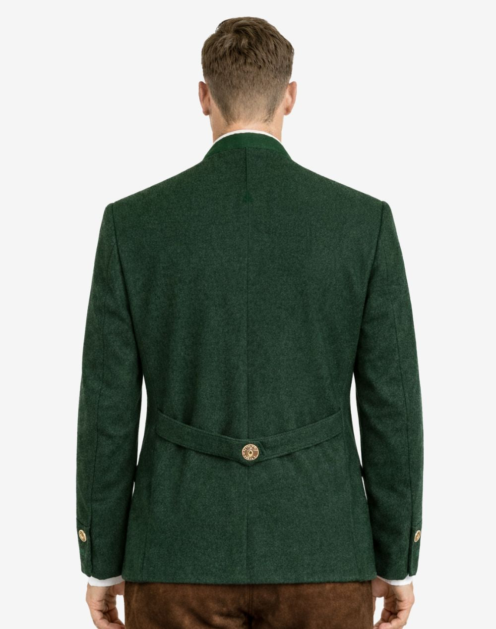 Back view of alpine green wool men’s Trachten jacket on model, showcasing tailored Bavarian fit, structured silhouette, and decorative back belt detail.
