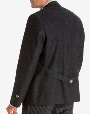 Back view of Alpine heritage charcoal wool jacket for men showing tailored silhouette, adjustable back strap detail, premium fabric texture, and authentic German Trachten craftsmanship.