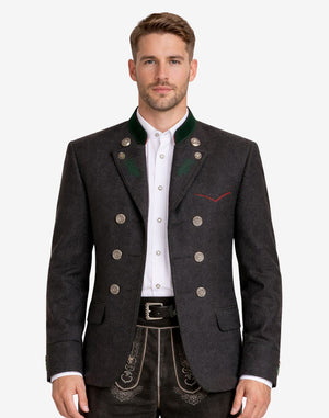 Front view of Alpine heritage charcoal wool jacket for men featuring traditional Bavarian Trachten design, green collar accents, decorative metal buttons, tailored fit, and classic Oktoberfest outfit paired with lederhosen.