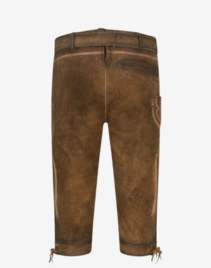 Back view of alpine style bundhosen displaying rear pocket, stitching detail and classic Bavarian leather finish.