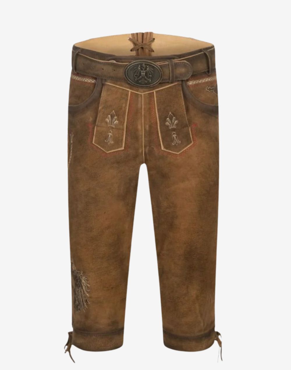 alpine style bundhosen for men in brown leather featuring embroidered flap and traditional knee length design.