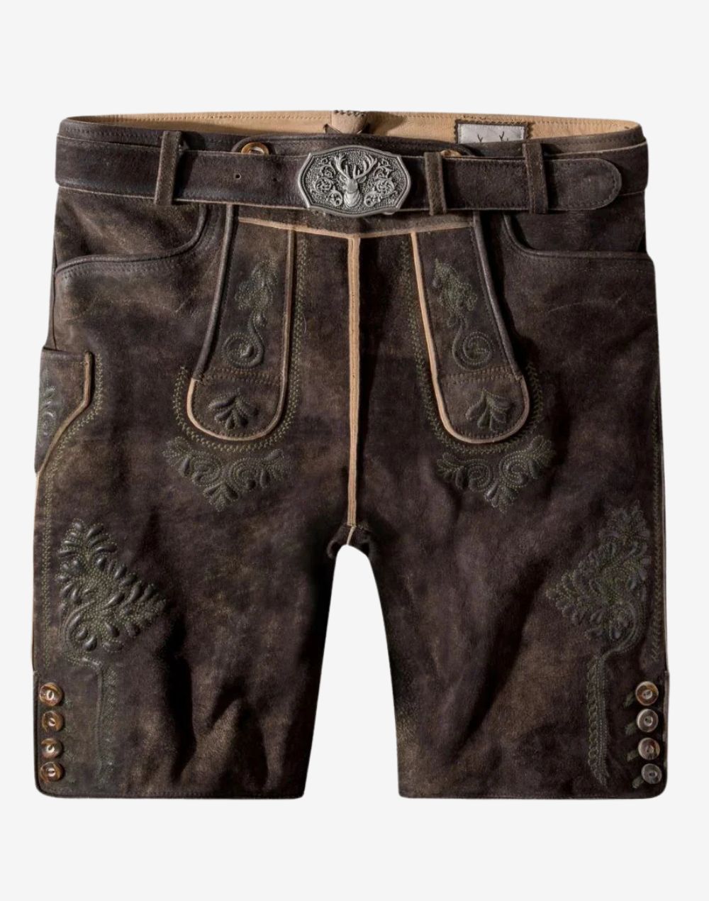 Alpine style lederhosen for men in dark brown suede leather with subtle embroidered patterns, traditional front flap, and metal buckle belt