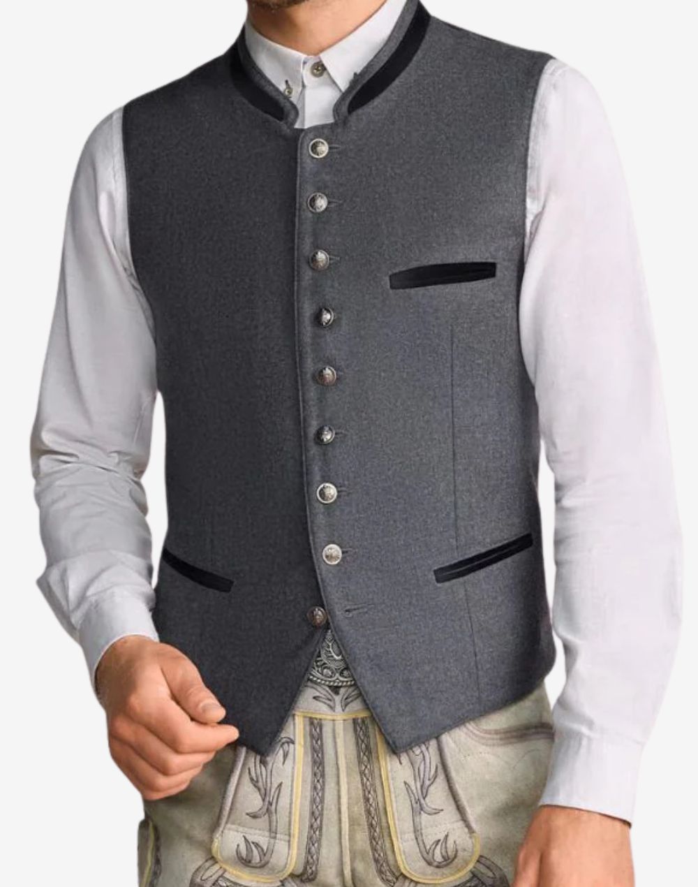 Front view of Alpine style wool vest for men featuring traditional Trachten design, button front closure, and classic stand collar.