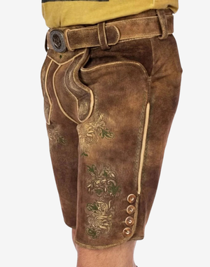 Alpine Vintage Men Lederhosen side view with stitched side pocket, decorative embroidery, and buttoned leg hem detail