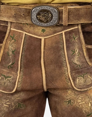 Alpine Vintage Men Lederhosen close-up of belt buckle and embroidered bib detailing with contrast piping