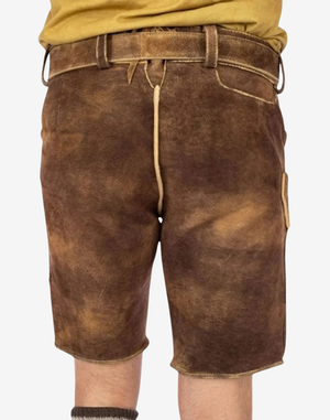 Alpine Vintage Men Lederhosen back view showing classic leather short cut, rear seams, and vintage wash finish