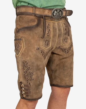 Side view: Alpine Authentic Lederhosen Men side angle with stitched flap pocket and scroll embroidery on thigh