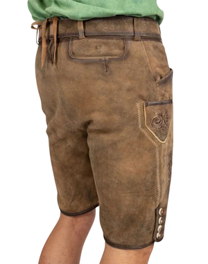 Back on model: Authentic Alpine Lederhosen Men back view with smooth suede finish, belt loops, and rear seam