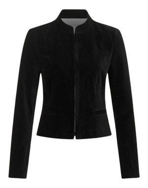 Front view of a black velvet women’s jacket with a high collar and tailored slim-fit design, isolated on a white background.