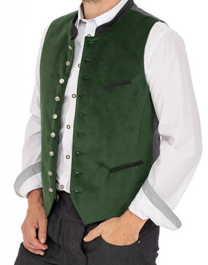 Angled view of mens Bavarian trachten vest highlighting side fit, button closure and classic alpine vest structure with modern tailoring