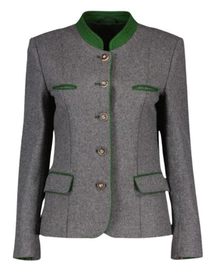 Front view of a grey Bavarian Trachten jacket with green trim, decorative buttons, and a fitted traditional design, isolated on a white background.