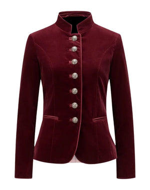 Maroon velvet jacket with silver buttons on a white background