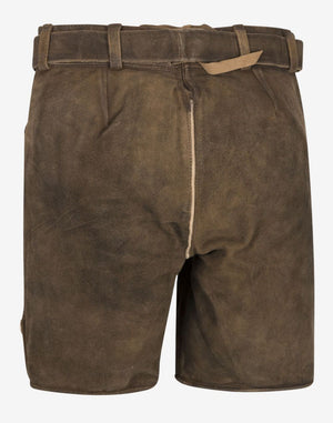 Back view of brown suede women’s lederhosen shorts with adjustable lace-up waistband and vintage distressed leather texture.
