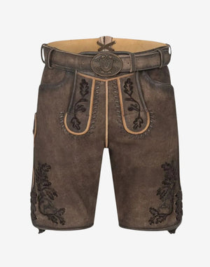 Authentic German Lederhosen Men, brown suede with belt buckle, black embroidered flap, side lacing, leg embroidery