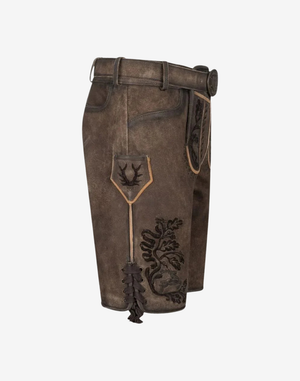 German Authentic Lederhosen Men side view, suede with shield pocket patch, black embroidery, lace tie at hem
