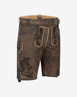 Angled front view shows belt buckle and embroidered flap on Authentic German Lederhosen Men, rustic brown suede