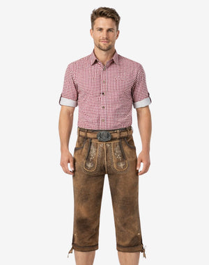 Front view of model wearing Authentic Mens Bavarian Bundhosen with embroidered leather knee pants and traditional Oktoberfest style belt