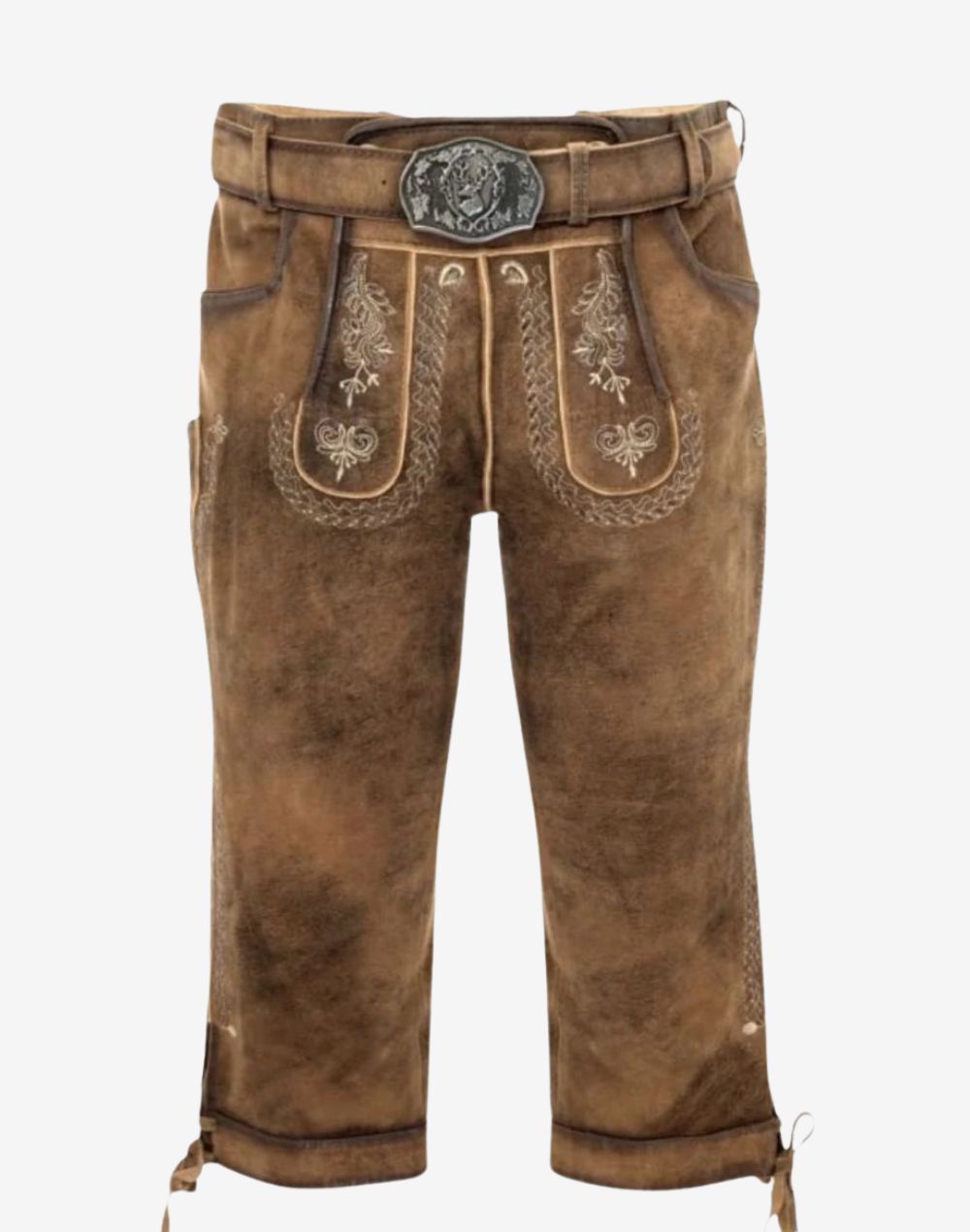 Front view of authentic mens Bavarian bundhosen featuring detailed embroidery, leather belt and traditional alpine styling.