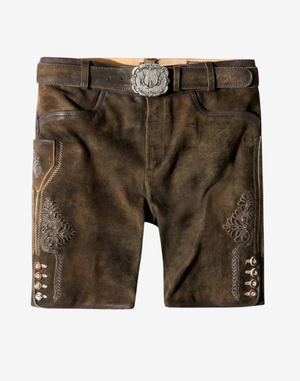 Front view of authentic mens Bavarian lederhosen in dark brown leather with traditional embroidery and classic Oktoberfest belt