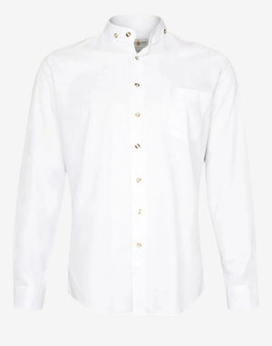 authentic mens Bavarian shirt in white featuring traditional stand collar, button front design and classic Oktoberfest style