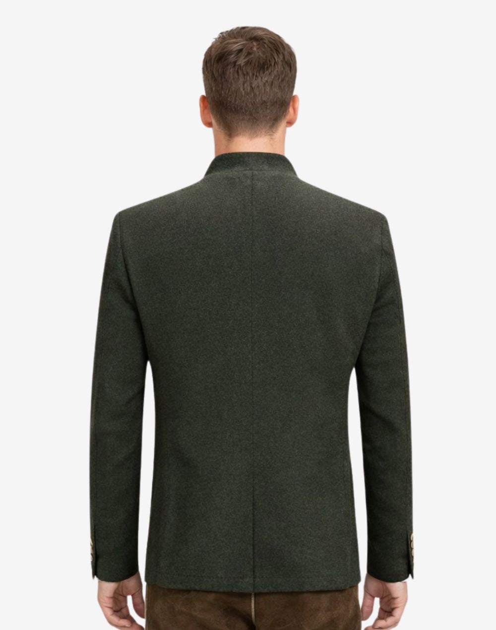 Back view of model wearing Authentic Mens Bavarian Trachten Jacket showing tailored alpine fit and clean rear panel