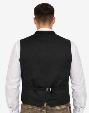 Back view of authentic mens Bavarian trachten vest showing adjustable rear strap, tailored fit and traditional alpine waistcoat design