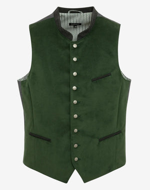 authentic Bavarian trachten vest showing green fabric, traditional buttons, welt pockets and classic German design