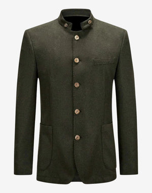 Green jacket with button details on a white background