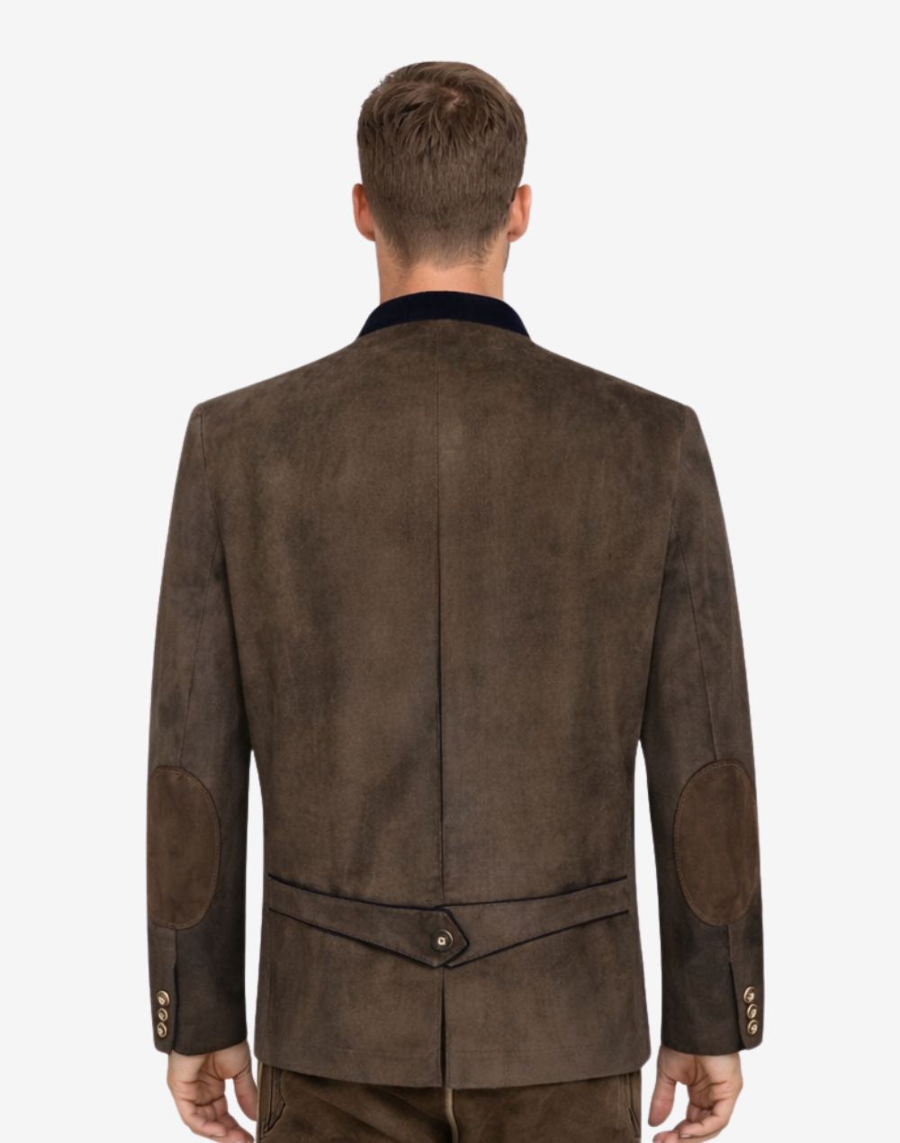 Back view of model wearing Authentic Mens Leather Trachten Jacket featuring elbow patches and adjustable back strap