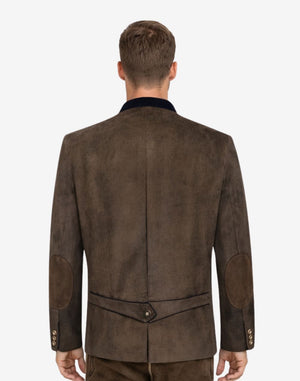 Back view of model wearing Authentic Mens Leather Trachten Jacket featuring elbow patches and adjustable back strap