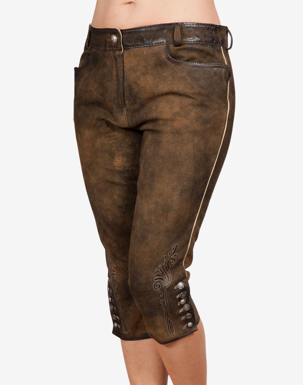 Front view of womens brown leather bundhosen featuring a vintage finish, traditional Bavarian embroidery, side button details at the knee, and classic alpine styling.