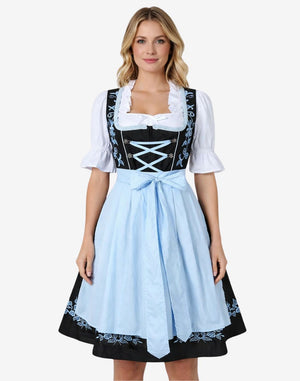 Front view of authentic womens Bavarian dirndl dress with blue apron, lace blouse, fitted bodice and traditional styling