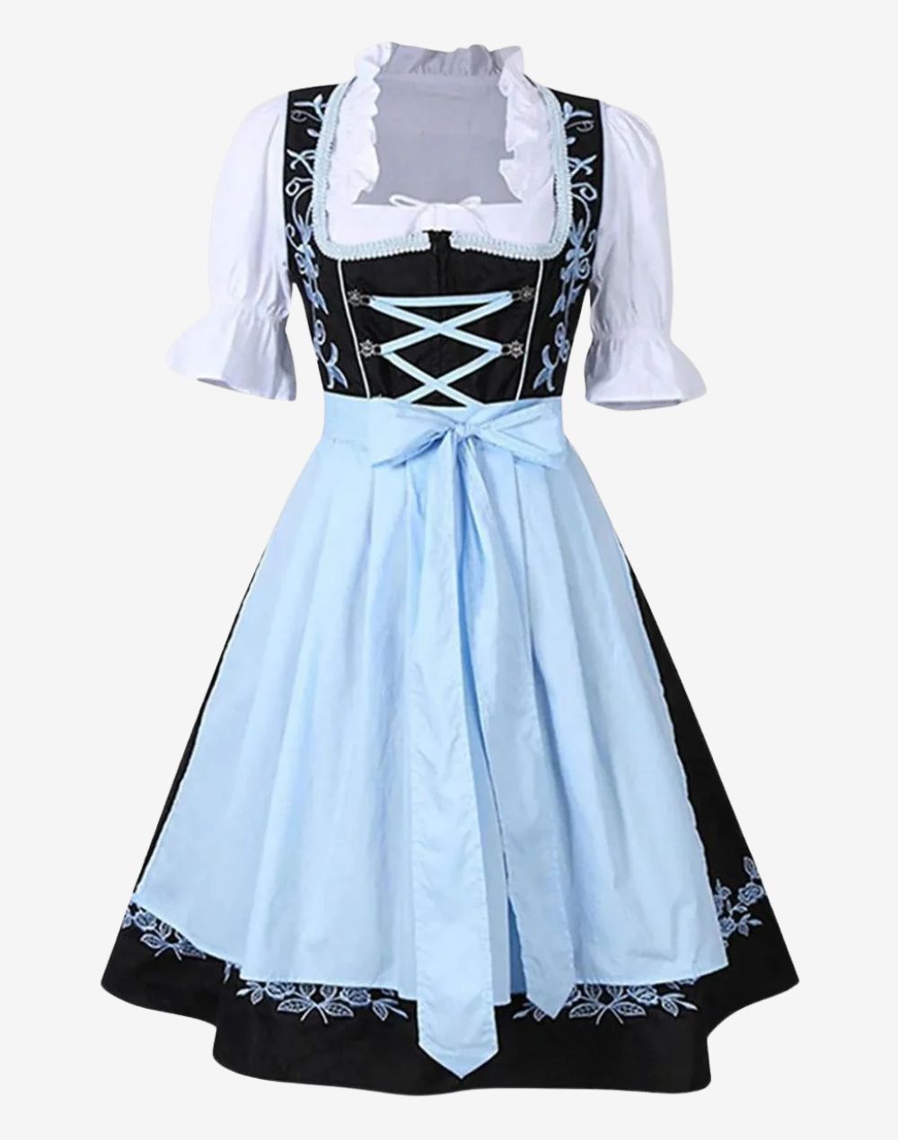 authentic womens Bavarian dirndl dress featuring black bodice, blue apron, lace blouse and embroidery detail