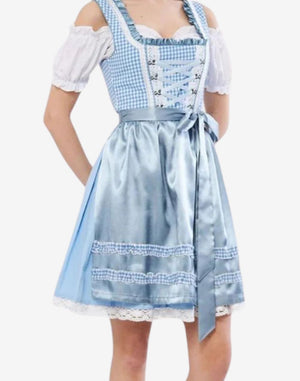 Front view of authentic Oktoberfest dirndl dress worn by model showing blue gingham bodice satin apron lace trim detail