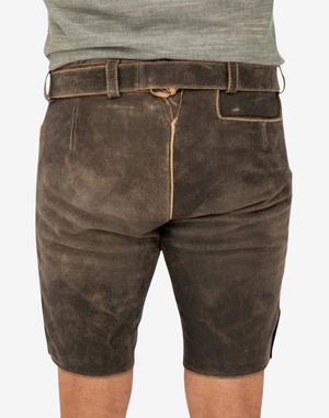 Bavaria Crest Lederhosen for Men back view showing classic leather short cut, rear seams, and adjustable belt fit