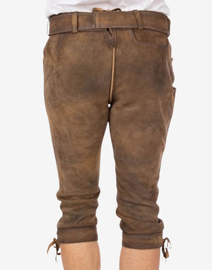Rear view of authentic Bavarian bundhosen displaying smooth leather back, waistband detail and classic alpine tailoring