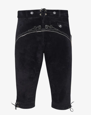 Back view of men’s black bundhosen showing waist lacing, back pocket flap and stitched detail