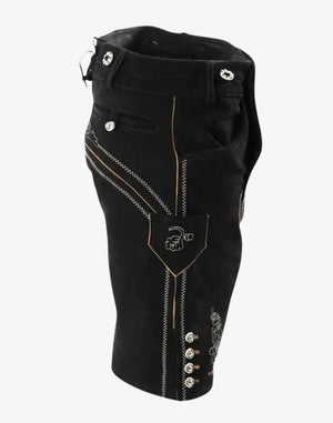 Black leather pants with decorative stitching and buttons on a white background