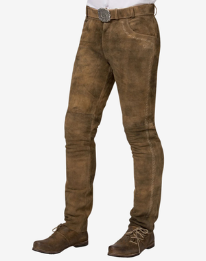 Brown leather pants worn by a person on a white background