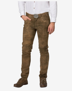 Brown leather pants worn by a person on a white background