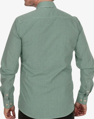 Green checkered shirt worn by a person on a white background
