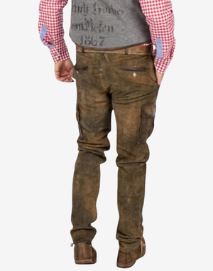 Brown cargo pants worn by a person on a white background
