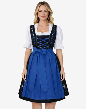 Front view of Bavarian style dirndl for women worn by model featuring blue apron, lace blouse and traditional alpine fit
