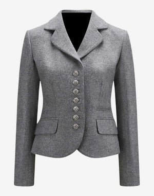 Front view of a women’s grey Bavarian-style trachten jacket featuring a tailored fit, notched lapel collar, decorative metal buttons, long sleeves, and flap pockets, designed in a classic Alpine heritage style.