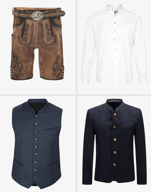 Collection of traditional German clothing items including shorts, shirt, vest, and jacket on a white background.