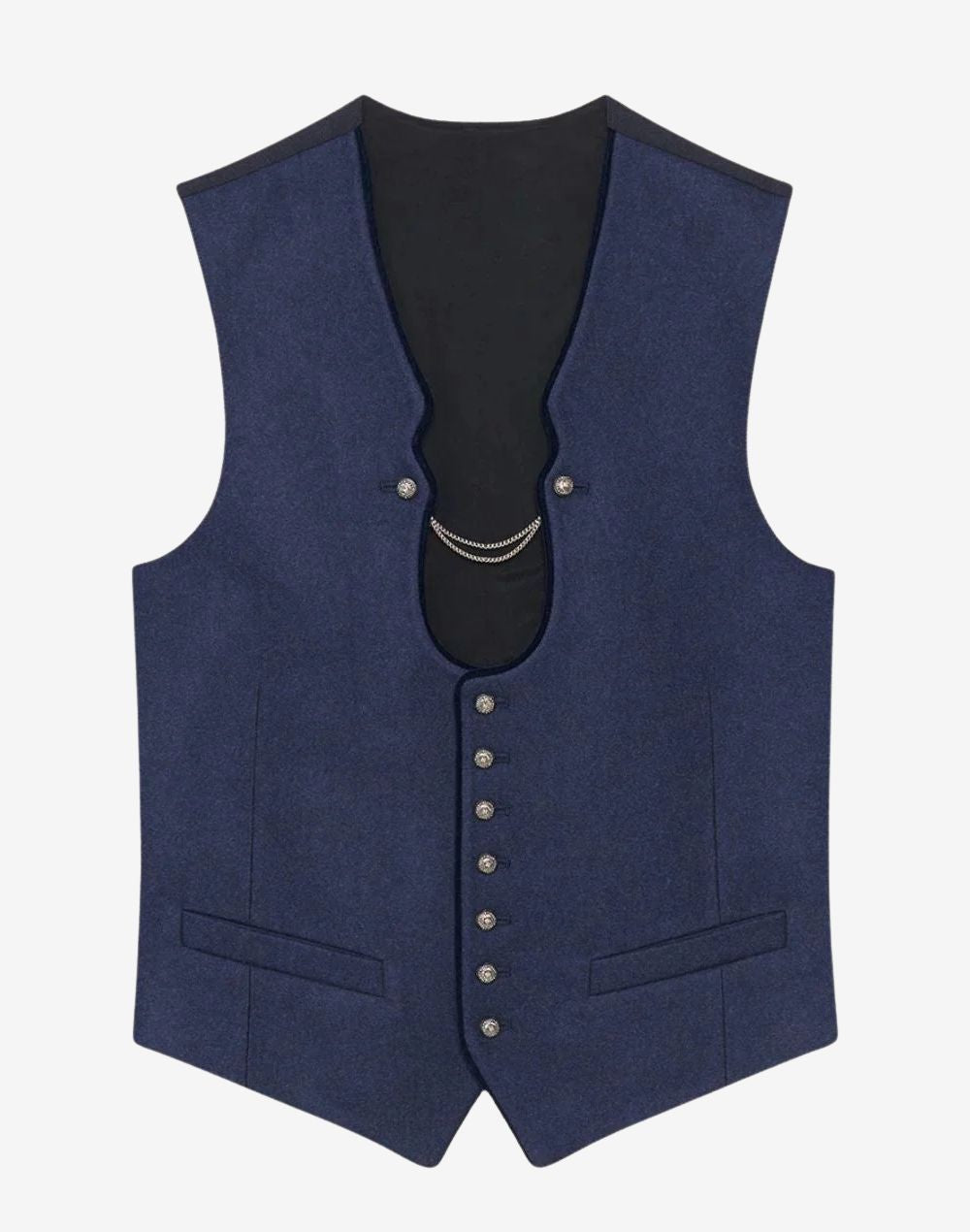 Front view of mens traditional blue alpine waistcoat made from premium wool fabric, featuring classic button closure, tailored fit and authentic Bavarian Trachten design ideal for Oktoberfest wear.